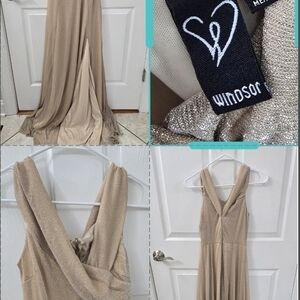 Windsor Shimmery Taupe Crossover V-Back Maxi Dress
